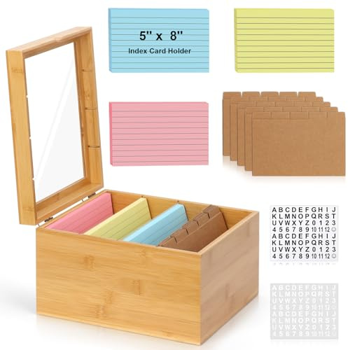 5x8 Index Card Holder with Dividers Bamboo Index Card Storage Box 4 Compartments Recipe Card Box with Lid 150 Index Flash Cards 25 Index Card Dividers 2 Letter Smile Stickers for Office Business Home