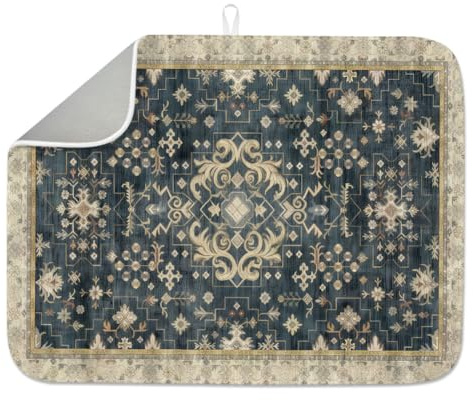 INFUNLY Boho Floral Dish Drying Mat for Kitchen Counter Vintage Blue Dish Drainer Mats Absorbent Microfiber Anti-Slip Retro Dishes Drying Pad 18x24Inch Washable for Table Countertop Sink Coffee Bar