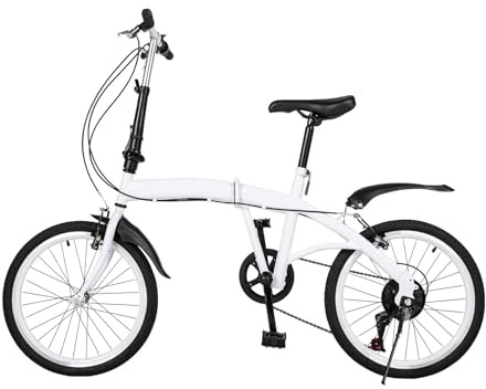 JJsdwin 20 Folding Bike, Adults City Commuter Bicycle with Mudguards and Enlarged Pedals, 6 Speeds Foldable Bikes for 4.6 to 6.2in children and adults, Maximum Bearing Capacity 90kg, White