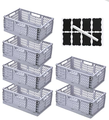 6 Stück Klappbox mit Aufkleber,Stifte, Klappkiste Aufbewahrungskorb,Faltbare Aufbewahrungskörbe mit Griffen,Stapelbar für Küche,Büro,Schublade (Grau, 30,5×20×12 cm)