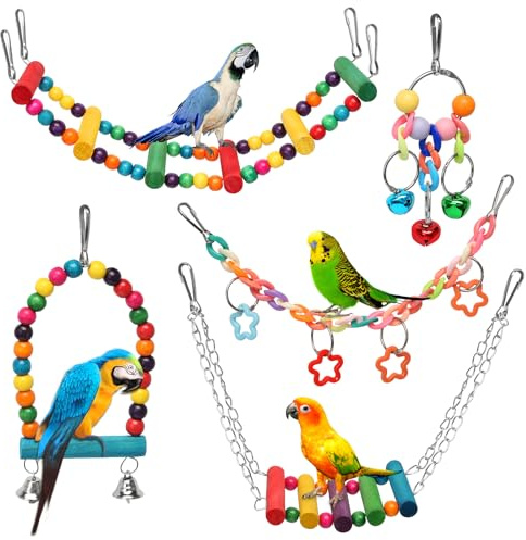 5 Stück Papageienspielzeug Set, Bunte Vogel Kletterleitern Holz mit Schaukel und Glocke, Vogelspielzeug Vogelkäfig Zubehör für Wellensittiche, Nymphensittiche, Liebesvögel, Finken