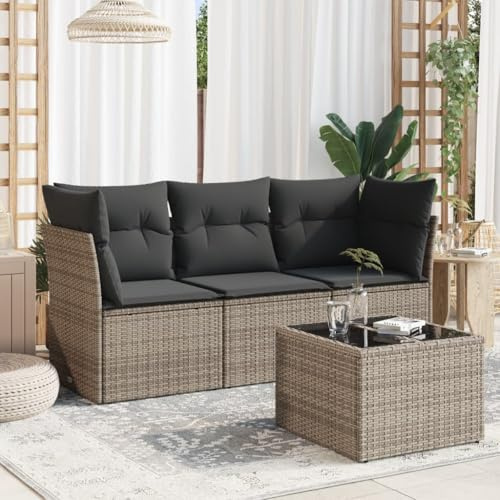 Runheo 4-TLG. Garten-Sofagarnitur mit Kissen Grau Poly Rattan, Modulares Outdoor Möbel Set, Terrassen Loungesofa mit Glasplatte, UV-beständig