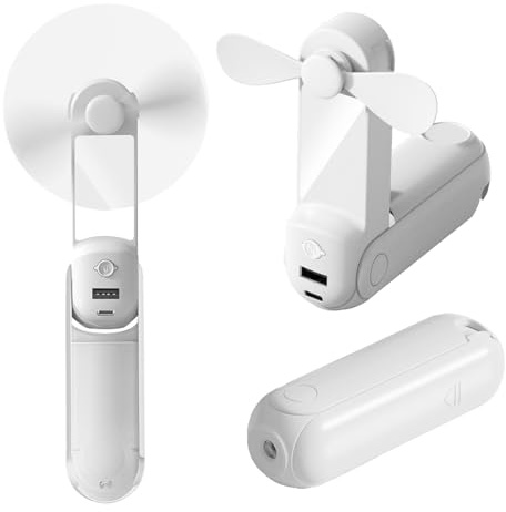 CNMTCCO Handventilator,5 in 1 Mini Ventilator,USB Akku [Bis zu 13-20 Stunden Kühlzeit]mit Hängendes Seil,Powerbank,Taschenlampe,Spiegel und Handyhalterung für Reisen,Sommer,Geschenke für Frauen(Weiß)