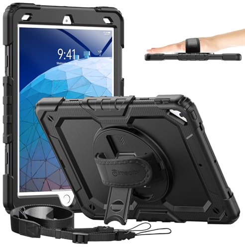 Timecity Case for iPad Air 3/ 3rd generation 10.5 inch 2019, for iPad Pro 10.5 2017 with Screen Protector, 360° Rotating Stand, Hand Strap and Shoulder Strap, Pencil Holder for Kid Cover - Black