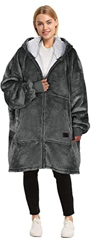 Catalonia Classy Felpa con Cappuccio Oversize con Cerniera, Coperta Sherpa Indossabile, Maglione Indossabile Caldo Super Morbido, Felpa Gigante Cuscino da Viaggio Maglione Uomo Donna, Grigia