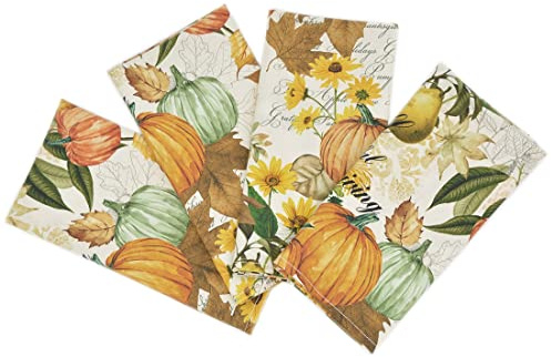 Sweet Pea Linens Bright Fall, Harvest, Sunflower and Pumpkin Cloth Napkins - Set of Four