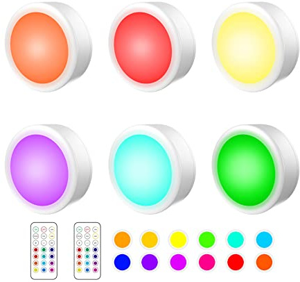 YIQAN RGB LED Schrankbeleuchtung 13 Farben, kabellose Unterschrankbeleuchtung, farbwechselnde Puck-Beleuchtung und dimmbare Unterschrankbeleuchtung, batteriebetriebene Schrankbeleuchtung, 6er Pack