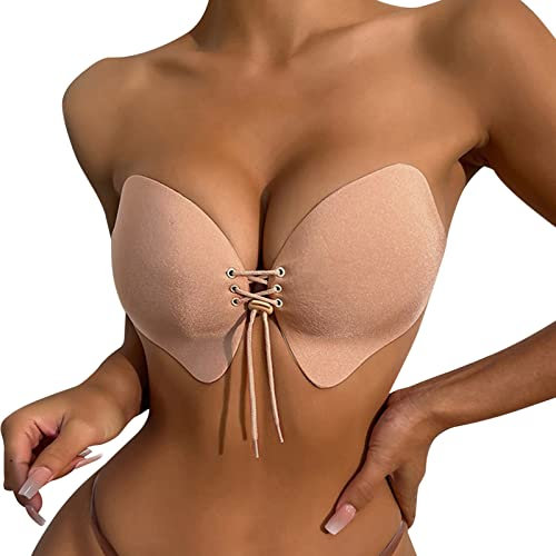 BIBILILI Adhesive Bra Silicone Sticky Bra Invisible Strapless Reusable Plunge Bras Magic Sticky Lace Up Front Bras for Women Sticky Bra Lift Stick on Bra Cups Stick Bra (Khaki,XL)