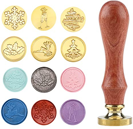 Wachs Siegelstempel Set Weihnachten,Vintage Siegel Stempel 1 Holzgriff 6 Retro Abnehmbare Messing Stempel Köpfe,Verschönerung von Geschenk Verpackung Hochzeit Umschlägen Einladungen Weinverpackungen