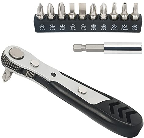 STREBITO Mini Ratchet Set,1/4 Ratchet Offset Screwdriver for Tight Spaces | Low Profile small Ratcheting Angled Screwdriver with 10 bits 90 Degree Offset screwdriver set 12PCS，0.47 thick