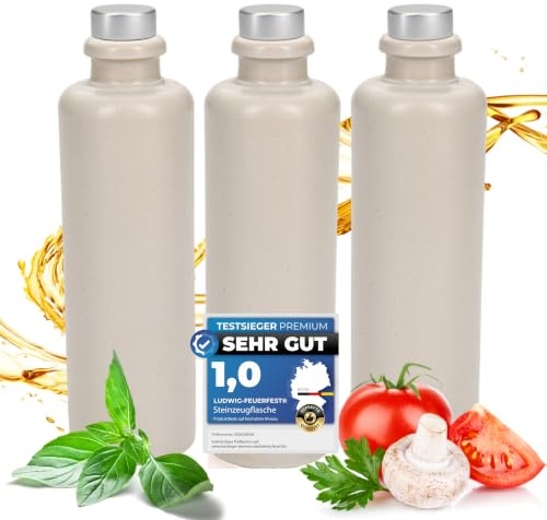 Ludwig- Feuerfest Gourmet Essig & Öl – Flaschen mit Ausgießer in Deluxe Silber. Exklusive Steinzeugflaschen, einzigartig, zeitlos und chic. 3x 200ml pro Flaschen (3x Mini 0,2l weiß- matt)