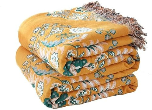 HOORDRY Manta bohemia para cama, 100% algodón, súper suave, estampado floral, decorativa, 60 x 80 pulgadas, para todas las estaciones, rústica, vintage, adecuada para silla, cama, sofá, amarillo y