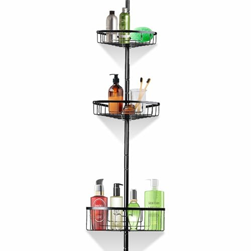 smartpeas Teleskopregal mit 4 Körben - Rostfrei, kratzfest, pulverbeschichteter Stahl, kein Bohren - Teleskop-Badregal mit 2 selbstklebenden Haken - Verstellbar von 76 bis 280 cm, Silber