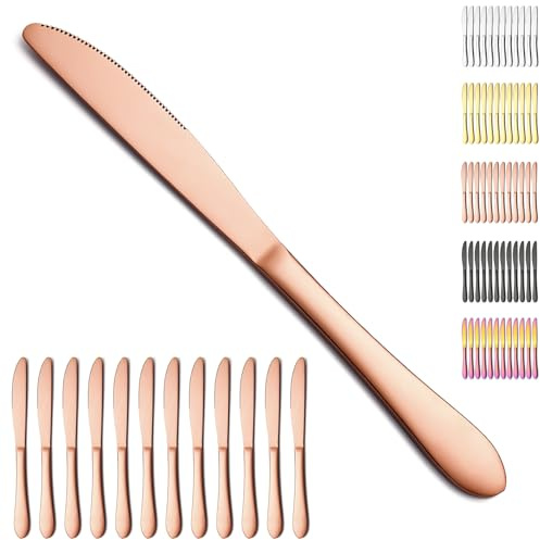 Berglander Roségold Tafelmesser Set von 12 Stück, Titan Roségold beschichtet Edelstahl Buttermesser Speisemesser für Zuhause, Restaurant, Hotel, spülmaschinenfest