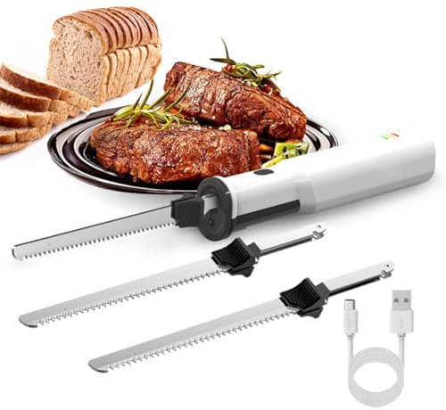 HYQNG Couteau à découper électrique sans Fil, Couteau à Pain, Couteau à trancher la Viande Rechargeable avec 2 Lames dentelées en Acier Inoxydable de 8 et déclencheur de Verrouillage de sécurité
