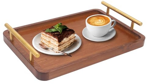 Seahelms Bandeja de bambú con asas de metal de 30 x 20 cm, bandeja de madera pequeña rústica vintage para servir desayuno, mesas de café, sala de estar