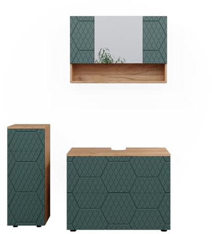 Vicco Badmöbel-Set Irma, Grün/Goldkraft Eiche, 80 cm | besteht aus Waschbeckenunterschrank, Spiegelschrank und Midischrank