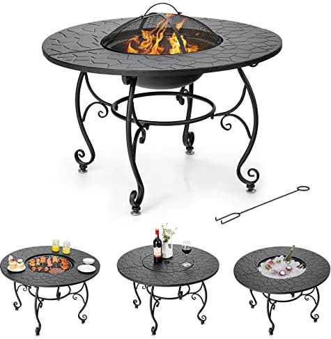 ALEjon Vielseitiger Outdoor-Feuertisch mit Deckel - Stilvolles Mosaikdesign, Grillfunktionalität und Eiskübelfunktion für die Gartenterrasse