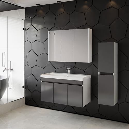 KAREN banyo Badmöbel Set Venus 100 Anthrazit | Keramikwaschbecken | Unterschrank | Spiegelschrank | Softclose-Türen & unsichtbare Griffe | Futuristischer Stil | Badezimmermöbel Waschtischunterschrank