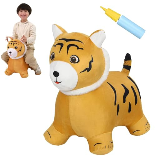 INPANY Tiger Bouncy Hopper Toys for 2 Year Old Boy, Toddlers Plush Inflatable Animal Hopping Horse, Bouncing Buddies, Ride on Rubber Bouncer, Outdoor Indoor Birthday Gifts Toy for 3 4 Yr Girl, Orange