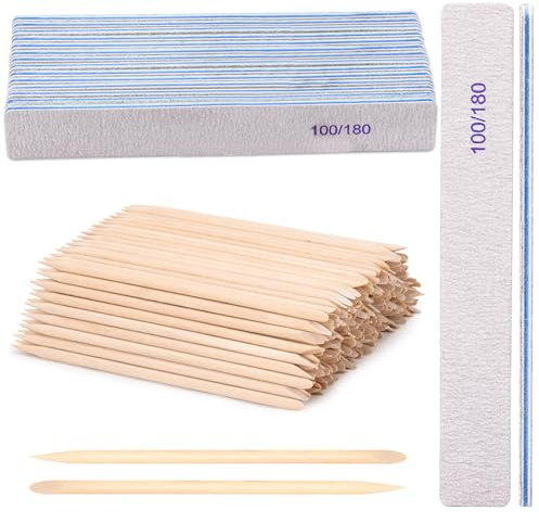 Juego de 210 limas de uñas acrílicas de grano 10 100/180, 200 palillos de uñas naranja, empujador de cutículas de madera