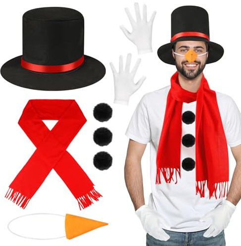 Beipegin Disfraz Muñeco de Nieve Adulto,Gorro Muñeco de Nieve Bufanda Nariz Pompones Negros Disfraz Navidad Adulto Complementos Navidad Fiestas