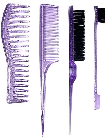 Daletu Set di 4 pettini a coda appuntita, pettine a denti larghi, pettine a doppio bordo, pettine con setole, adatto per salone, acconciature fai da te, viola