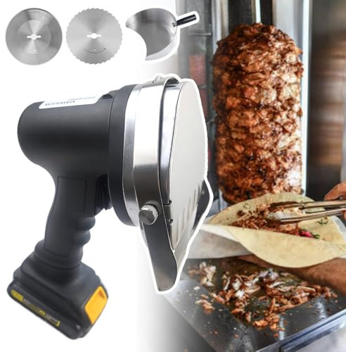 Trancheuse à kebab électrique sans fil,machine à découper la viande,trancheuse à viande pour barbecue commerciale avec pelle à viande à rôtisserie et 2lames,réglage l'épaisseur coupe 0,5 à 8mm