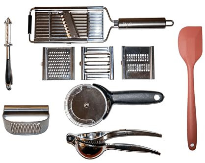 6 Piece Kitchen Utensil Set – Grater, Juicer, Spatula, Peeler, Garlic Masher and Pizza Cutter – Multifunction and Practical Kitchen Tools