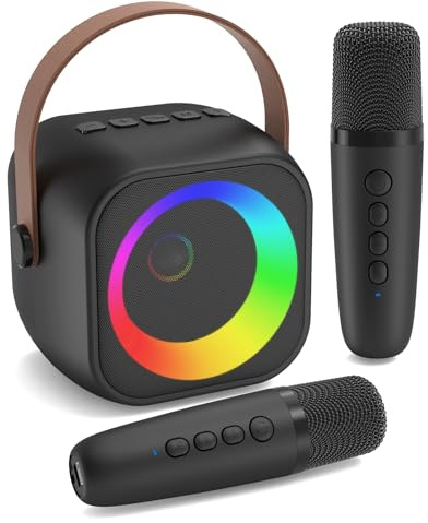 Karaoke Maschine mit 2 Karaoke Mikrofon, Tragbaren Bluetooth Lautsprecher für Erwachsene/Kinder, Geschenk Spielzeug Junge 3-15 Jahre, Mini Karaoke Maschine mit Disco Licht, Ideal für Party