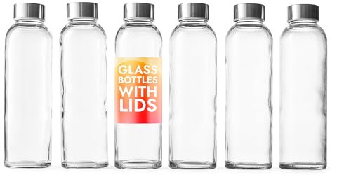Epica glass bottles with lids – 17.5 oz water bottles, reusable glass juice bottles with lids for storing juices, reusable water bottle durable & ecofriendly set of 6