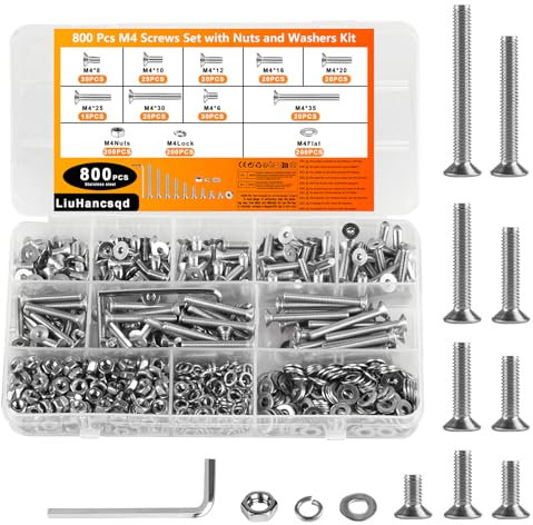 M4 Schrauben Set, 800 Stk Senkkopfschrauben und Muttern Set, Innensechskant Schrauben mit Muttern Set, Flachkopfschrauben Sechskantschrauben Senkkopf Gewindeschrauben Set und Unterlegscheiben Set (M4)