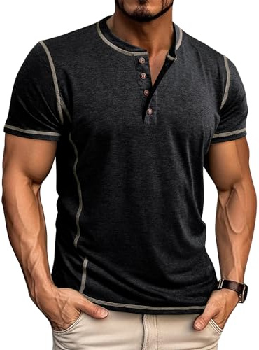 LAOARA Långärmad T-shirt för herr lång bomull Henley T-shirts med polokrage ledig T-shirt M-2XL