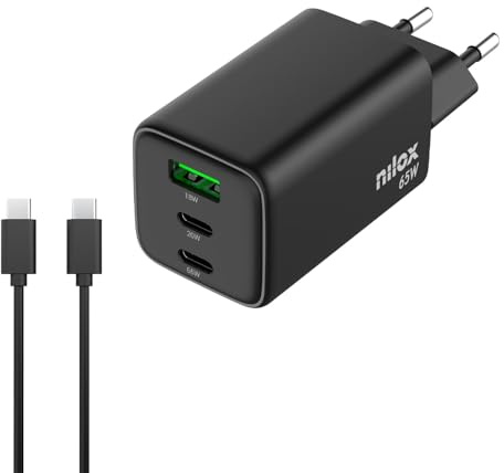 Nilox, Cargador Universal con 2 Puertos Tipo C y 1 Tipo A de 65W, con Cable de 2m USB-C, Protección contra Cortocircuitos, Sobretensiones y Sobrecargas, Negro