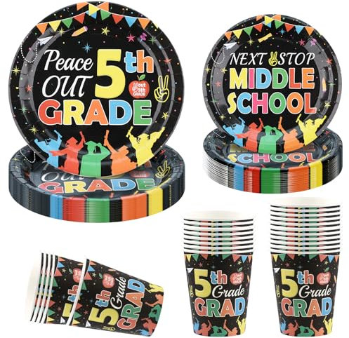 Arosche 5th Grade Graduation Decorations Party Supplies Set for 24-Disposable Paper Plates and Cups Tableware Congrats Grad 5th Grade Class of 2025 Decorations for Party Supplies Table Decor