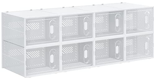 HOMCOM 8PCS Clear Shoe Box, Plastic Stackable Shoe Storage Box for UK/EU Size up to 12/46 with Magnetic Door for Women/Men, 28 x 36 x 21 cm