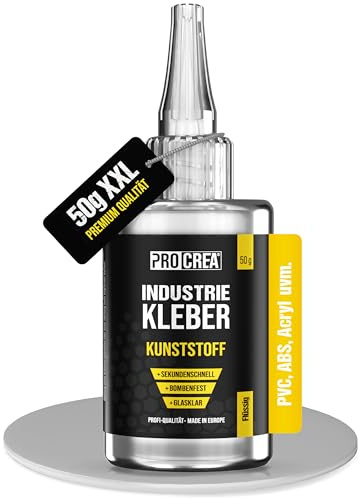 PROCREA® Sekundenkleber (50g) Kunststoff [mit Anti-Austrocknungs-Spitze] Extra starker und transparenter Kunststoffkleber für alle Arten von Kunststoffen in bester Industrie-Qualität