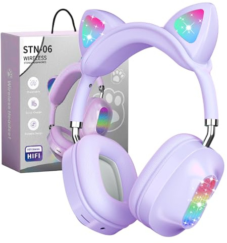 auvstar Auriculares Rosa Bluetooth para Niños con Micrófono Cascos Diadema Oreja Gato Led Light Cat Ear Auriculares Plegable Inalámbricos Regalo para Niños Niña Cumpleaños Navidad (Púrpura)
