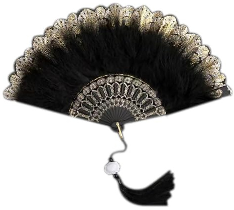 Ventaglio a mano in pizzo vintage con nappe, ventaglio pieghevole con piume, bianco/nero, per feste in maschera ed eventi di ballo! (Nero -Piuma)