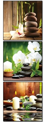 BERLIG Glasbilder Set 3er 30x30 cm Sicherheitsglas – Moderne Wandbilder für Wohnzimmer, Küche & Bad – Sonnenuntergang, Strand, Kaffee & Spa – inkl. Geschenkbox