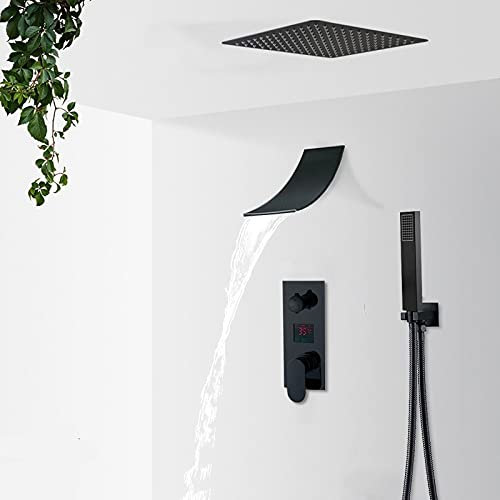 Handheld showerMatte Black Rainfall Waterfall Shower Faucet Set LCD Digital Display Shower System Set Bathroom 2/3 Way Shower Mixer 3 Way 10 Inch Waterfall A