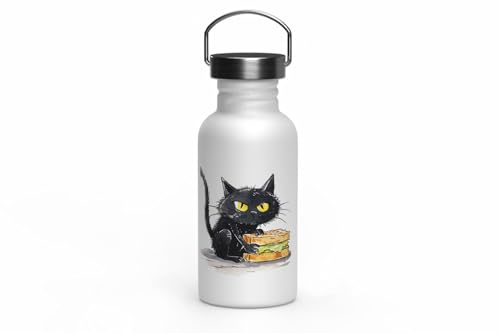 MAXIKIWI - Einwandige Edelstahl-Trinkflasche mit Schraubverschluss und Griff, nicht isoliert, leicht, BPA-frei, auslaufsicher, lustige schwarze Katze, 500 ml