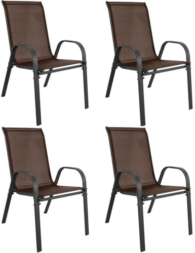 NMK HOME Sillas de jardín apilables de textilene – Pack de 4 con reposabrazos; Estructura metálica Resistente, Transpirables y fáciles de Limpiar para terraza y balcón, Color marrón