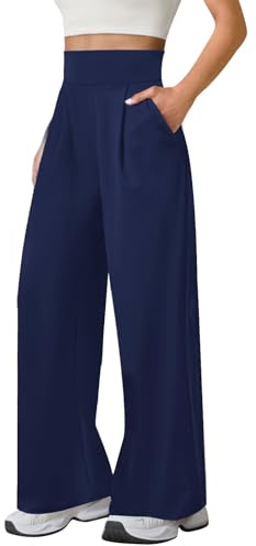 Womens Wide Leg Yoga Pants High Waist Loose Stretch Causal Lounge Workout Gym Trousers with Pockets Navy