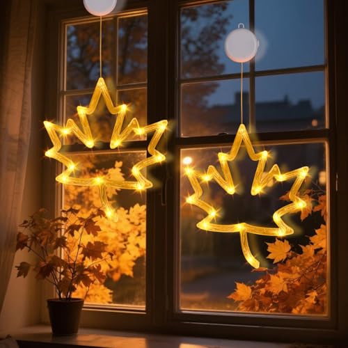 DZAY 2 Stück Herbst Deko Innen Lichterkette Beleuchtung,Ahornblatt Hängende Lichterkette mit Saugnapf von Batteriebetriebene Herbstdekoration Lichterketten Fensterbeleuchtung Herbstdeko Innenleuchten