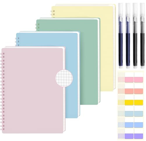7CDXD 4 Pack A5 Notebook Graph Paper, 80 Sheets/160 Pages Spiral Notebook Squared Notepad,100gsm Thick Grid Paper, Sticky Notes, Pen, Plastic Hardcover Journals for Office School, 14.5 x 21cm