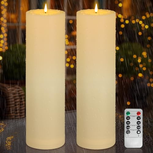 Kimjo 10 x 35 cm Sin llama Grandes Velas LED al Aire Libre, 2 Piezas | Velas LED con Función de Temporizador, IP65 Impermeable, Batería Funciona, Mando a Distancia, Blanco Marfil, Plástico