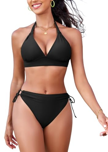FemiChic Push Up Bikini Damen Set Triangel Oberteil mit Knotendetail String Neckholder Bikinitop für Große Brüste Abnehmbare Pads Badeanzug Retro Sport(Schwarz,M)