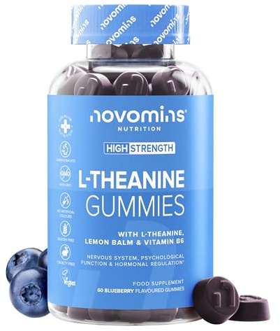 L-Teanin Gummies 200 mg, Citronmeliss, Vitamin B6, Vegan, Halal, Novomins | Stödjer nervsystemets normala funktion och hormonell balans, 60 gummies, L-teanintillskott med citronmeliss och vitamin B6
