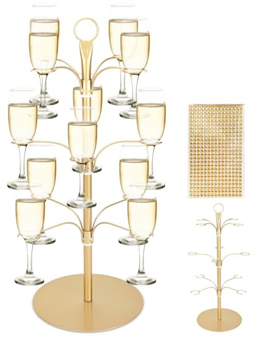 Topsky 3-Tier Cocktail Tree Stand 12 Holders Gold | Champagne Tower Wine Glasses Holder for Parties, Bars, Weddings, Fits All Stemware including Champagne, Cocktails, Martini